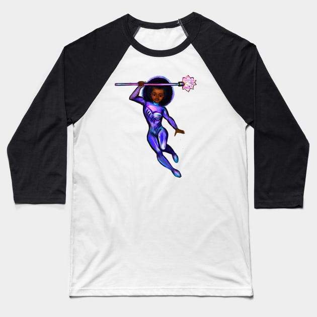 Black anime superhero girl from outer space with lights and smirk ! beautiful  black girl with Afro hair, brown eyes, Cherry pink lips and dark brown skin. Hair love ! Baseball T-Shirt by Artonmytee